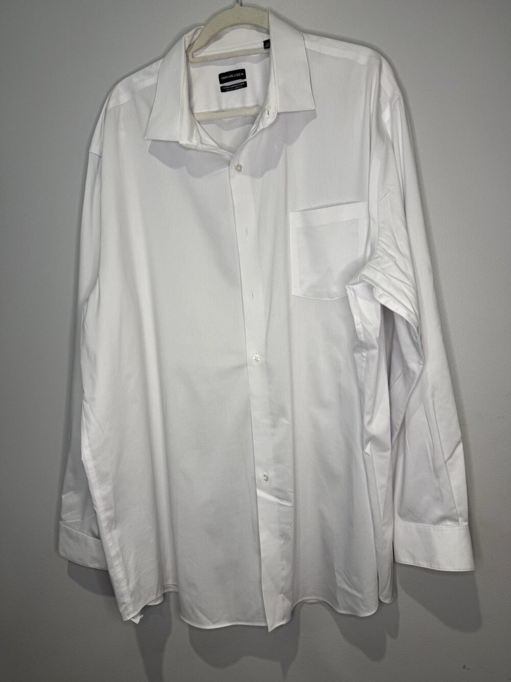 Van Heusen Stretch White Solid Button Up Dress Shirt Tall Fit 18.5 35/36
